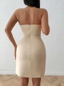 EURMUSE Petite Style Button Detailed Frenchy Style Short Dress - Beige - View 2