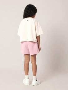 SUMWON Conjunto Casual de Duas Peças Los Angeles Star, Moletom Cropped Oversized e Shorts, Roupa Esportiva Atlética para Verão e Primavera, Streetwear Juvenil e Urbano - Rosa chiclete - Visão 2