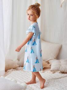 Jong meisje' Elegante Casual Schattige Blauwe Prinses Meisje Sneeuwvlok Ruffle Trim Lange Mouw Nachthemd Loungewear