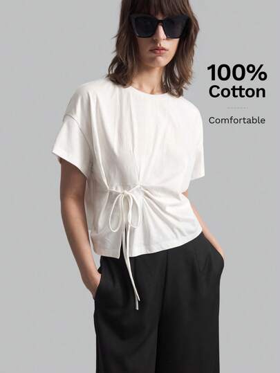 Ontre Women's Autumn And Winter/Four Seasons White Vacation Round Neck Drop Shoulder Short Sleeve Waist Tie Casual T-Shirt Autumn Clothing Going Out Clothing, Women's Autumn Clothing