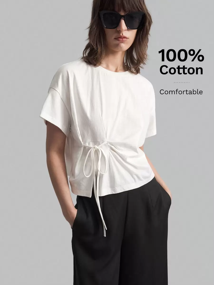 Ontre Women's Autumn And Winter/Four Seasons White Vacation Round Neck Drop Shoulder Short Sleeve Waist Tie Casual T-Shirt Autumn Clothing Going Out Clothing, Women's Autumn Clothing