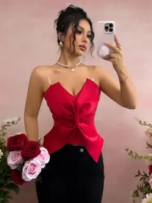 Rafferiza Valentine's Day Fashion Bow Transparent Strap Red Zipper Design Tank Top - Red - View 1