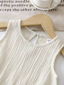 SHEIN Playful Pals Baby Girl Infant Toddler 0-3 Years Old Spring/Summer Casual Everyday Outing Textured Knit Wave Striped Beige/Almond Sleeveless Top With Side Bow