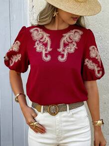 SHEIN LUNE Chemise à manches bouffantes froncées avec broderie florale pour femmes - Rouge foncé - Voir 5