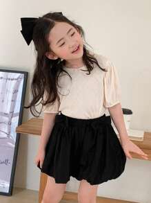 DAZY 2pcs/Set Young Girls Solid Color Round Neck Puff Sleeve Top And Mini Skirt,Girls Summer Outfits - Apricot - View 2