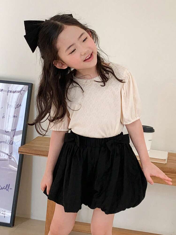 2pcs/Set Young Girls Solid Color Round Neck Puff Sleeve Top And Mini Skirt,Girls Summer Outfits