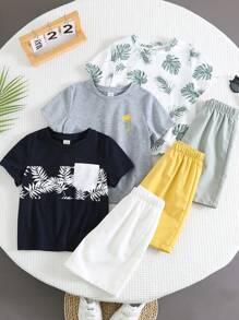 SHEIN 3套买二送一，男童休闲百搭度假风棕榈树图案圆领宽松短袖T恤短裤套装，运动服，基础款上衣，基础款裤子，Y2K风格套装，SS26，夏季上衣，夏季短裤，夏季服装，夏季童装，男童套装，适合春夏、郊游、情人节旅行、度假、家庭聚会、返校季、婚礼季、晚宴、运动、生日派对等场合。 - 彩色 - 查看 4