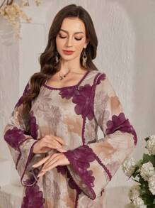 Al Najma Women's Elegant Floral Allover Print Flare Sleeve Arabian Style Dress, Arabian Dresses,Modest - Multicolor - View 6