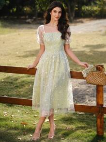 Vintamour Vestido vintage elegante con estampado floral, vestido de malla bordada para mujer, vestido informal de verano para playa o fiesta de té, conjuntos de verano para mujer, vestidos de verano para mujer, conjuntos de vacaciones para mujer, Pascua para mujer, conjuntos de primavera para mujer, vestido de Pascua de San Patricio para mujer, vestidos de primavera para mujer, vestido de invitada de boda para mujer, vestidos para mujer, ropa elegante de verano, vestidos de cumpleaños para mujer, vestidos para mujer, vestidos de verano para vacaciones de primavera, vestidos de sol para mujer, vestido de vacaciones