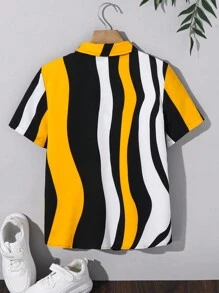 SHEIN 青少年男孩休闲条纹印花 Polo 领短袖编织衬衫