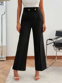 EURMUSE Women's Solid Button Accessory Detailed Elegant Pants - Black - View 4