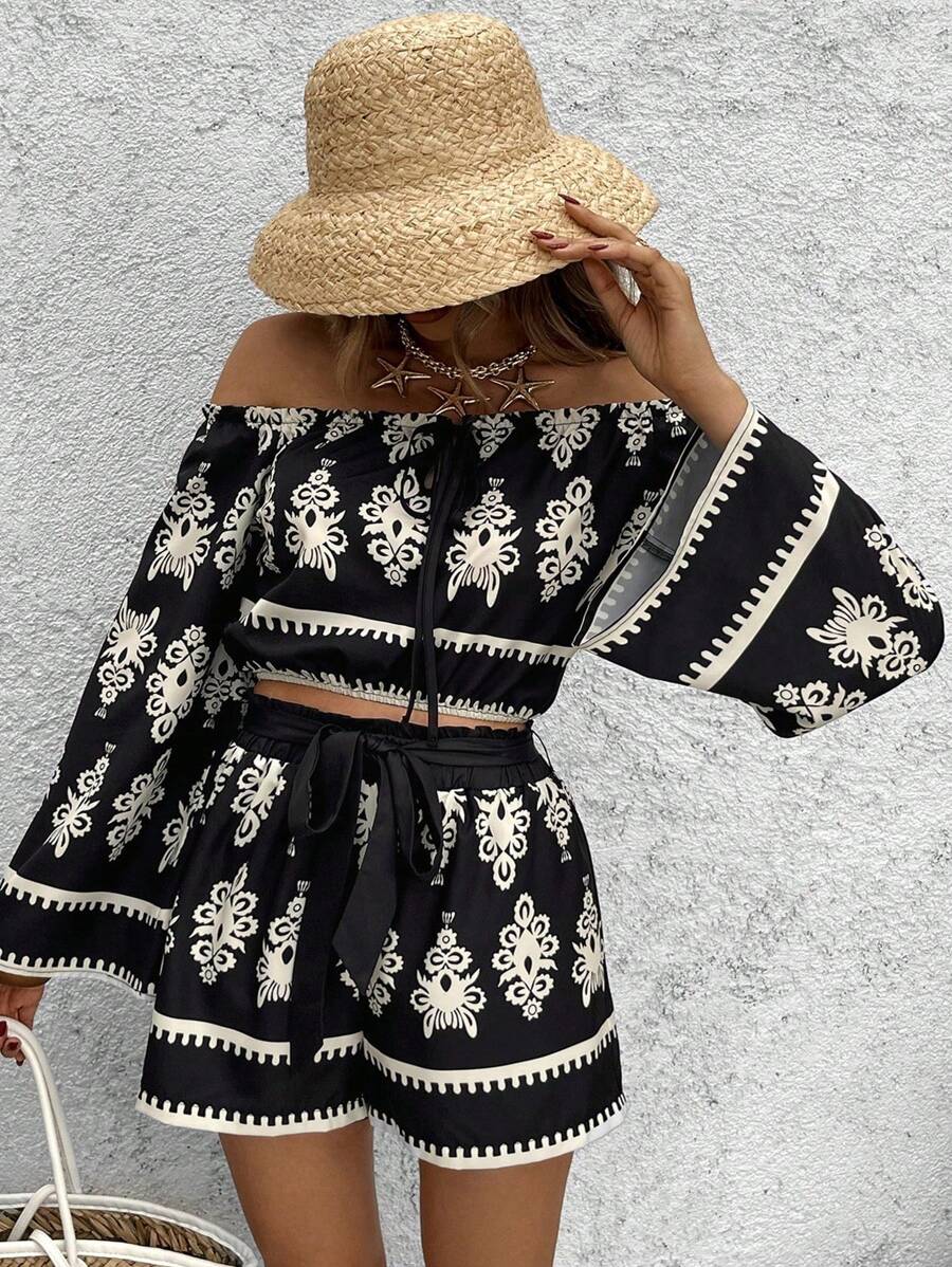 SHEIN VCAY Plus Size Black And White Print Off Shoulder Long Sleeve Top & Loose Shorts 2 Pieces Set,Elegant Boho Autumn Vacation Holiday Summer Beach Outfits - Black - View 1