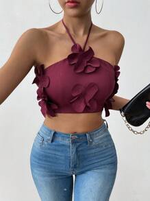 SHEIN Unity Women's Fashionable Versatile Strapless Tie Backless Floral Tank Top, Spring/Summer - Burgundy - View 6