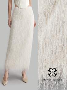 Ontre 女款白色四季高端设计羽毛流苏裙新年节日优雅派对裙简约时尚都市通勤优雅