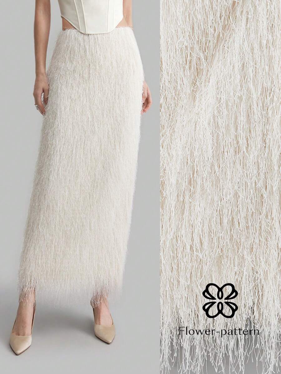 Ontre 女款白色四季高端设计羽毛流苏裙新年节日优雅派对裙简约时尚都市通勤优雅