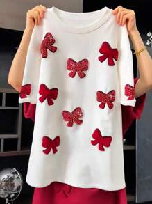 Chiquease Women Casual 3D Bow Decor Short Sleeve T-Shirt