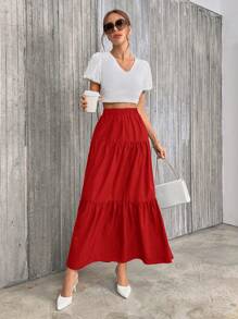 SHEIN Privé Women's Vacation Solid Color Elastic Waist Ruffle Hem Casual Red Midi Skirt