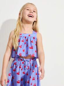 THE HAPPY LOOK Conjunto de top de tirantes y pantalones de pierna ancha con estampado de cerezas para niñas, ideal para verano
