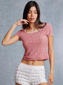 WESTFADE Camiseta ajustada de manga corta con cuello cuadrado, con estampado floral de primavera y con aplicación de encaje tejido - Rosa vieja - Ver 4