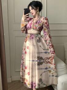 DAZY 春季新款收腰印花V领连衣裙，优雅缪斯风格长裙，修身百搭，荷叶边设计，秋季长袖连衣裙，度假装扮，波西米亚风 - 粉色 - 查看 8