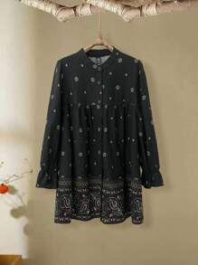 Lacomfia Plus Size Black Embroidered Dress For Women: Floral Print Arabian Style Tunic Top