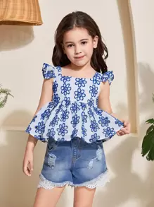 SHEIN Leap Crew 年轻女孩雪纺碎花甜心领荷叶边休闲衬衫 - 藍白色 - 查看 4