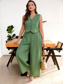 SHEIN Frenchy 大码 2 件套简约纯色无袖背心和裤子，休闲日常穿着