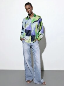 Maija Women's Fashion Tie-Dye Pattern Print Charmeuse Single-Breasted Lapel Long Sleeve Shirt, Versatile For Spring