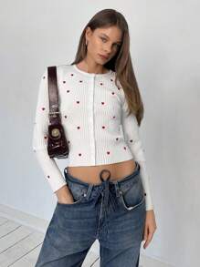 SHEIN EZwear Women's Heart Pattern Long Sleeve Single-Breasted Casual Sweater