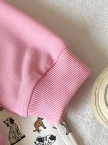 SHEIN Playful Pals 2 件套女婴时尚休闲百搭柔软针织面料圆领套头运动衫，带 3D 刺绣、贝雷帽和条纹腊肠犬印花长袖喇叭裤套装 - 彩色 - 查看 6