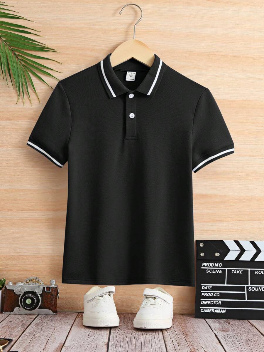 SHEIN 青少年男孩纯色针织 Polo 衫（有领） - 黑色 - 查看 1