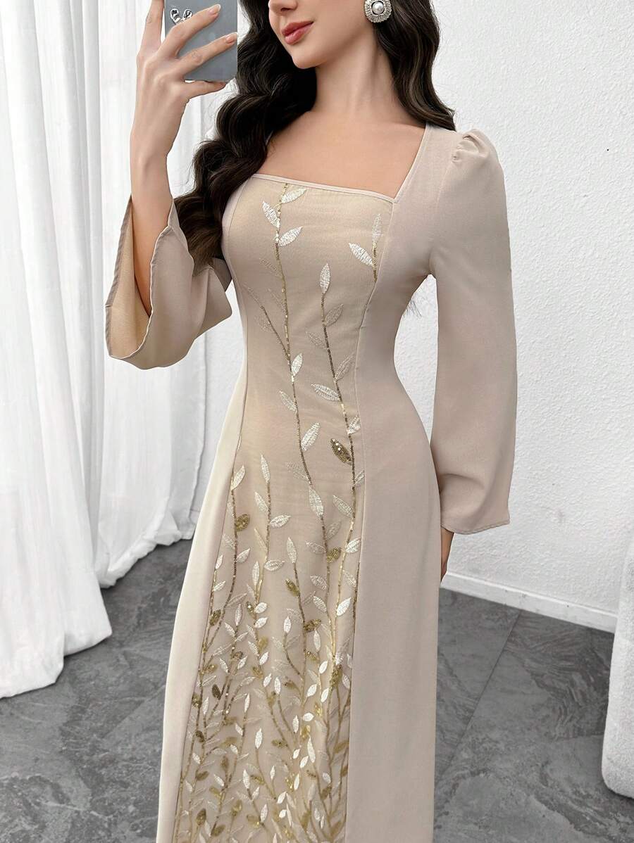 Modelyn Sequin Mesh Casual Dress, Minimalist & Fashionable For Daily Wear - Apricot - View 1