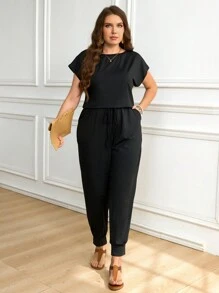 SHEIN LUNE Plus Size Casual Solid Color Asymmetrical Collar Jumpsuit Spring Break Casual Casual Daily Wear,Women's Romper, Summer Wear, Cutie Off-The-Shoulder,Summer Outfits For Women Summer,Rave Outfits Festival,Summer Outfits For Women Vacation Outfits Woman Casual Jumpsuit - Black - View 5