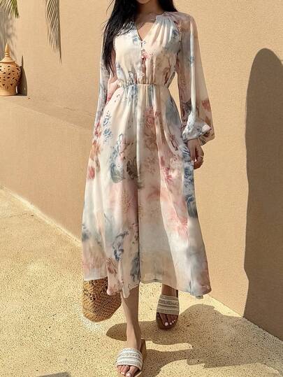 DAZY Western Style Bohemian Full Print Floral Waist Fall Ladies Midi Dress Long Sleeve Dress Vacation Outfits Women