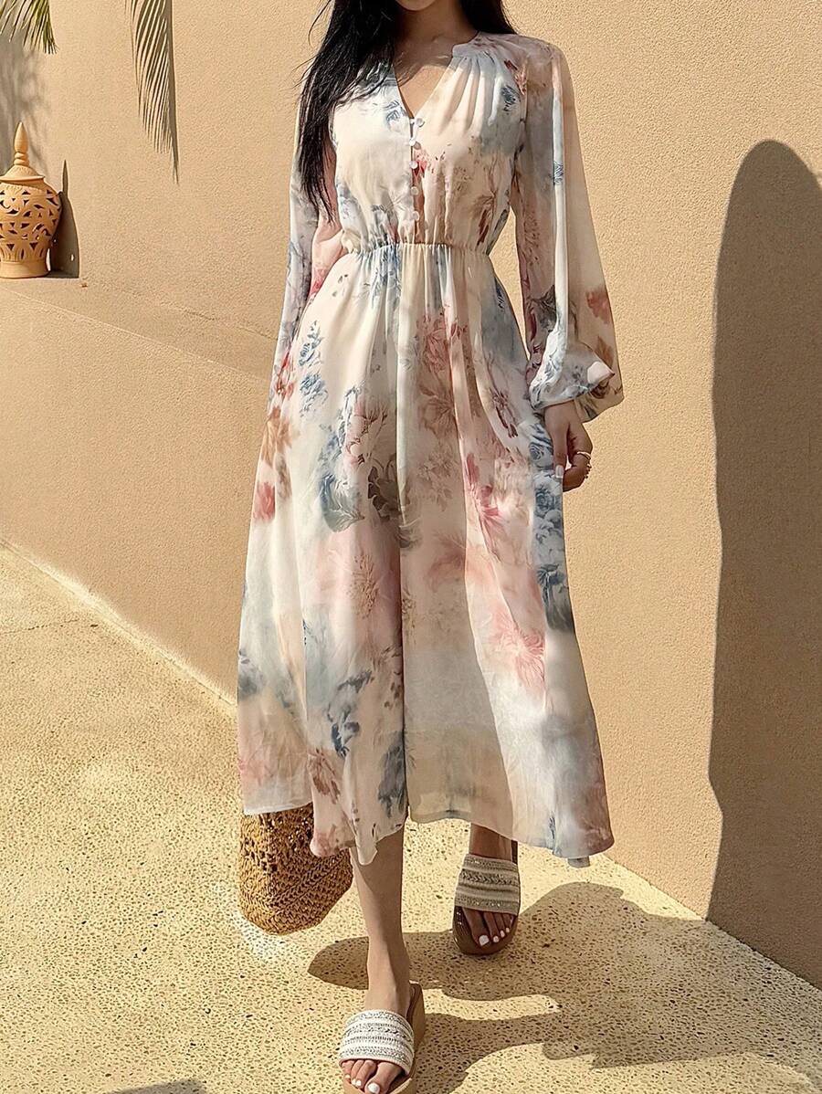 DAZY Western Style Bohemian Full Print Floral Waist Fall Ladies Midi Dress Long Sleeve Dress Vacation Outfits Women - Dusty Pink - View 1