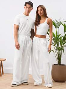 Manfinity BRENVOR Unisex Casual Pleated High Waist Drawstring Straight Leg Pants, Solid Color, Suitable For Daily Wear - White - View 4