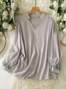 Lacomfia Elegancka koszula damska z perłowymi mankietami i kwiatowym koronkowym szyfonem w dużym rozmiarze