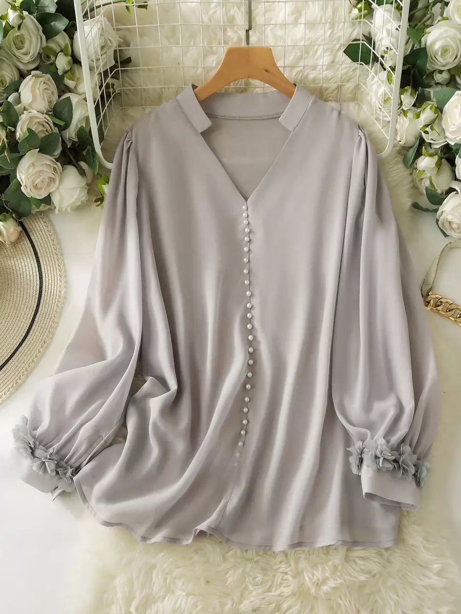 Lacomfia Elegancka koszula damska z perłowymi mankietami i kwiatowym koronkowym szyfonem w dużym rozmiarze