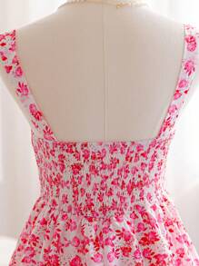 Soleia 女士度假黄玫瑰碎花细肩带多层中长连衣裙，休闲长裙，适合下午茶、婚礼季节 - 粉色 - 查看 3