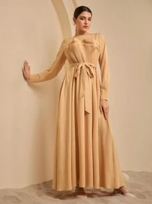 Graceveil Women's Round Neck Pleated Elegant Conservative Arabic Style Dress, Suitable For Daily Wear