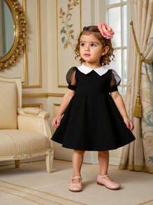 Gaun Bayi Perempuan Warna Blok dengan Kerah Peter Pan dan Lengan Pendek Berbentuk Kembang, Gaun Filipiniana Terno yang Lucu - Hitam - View 5