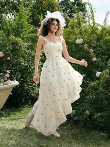SHEIN MOD Beige Organza Ditsy Floral Dress,  Long Summer Dress,Bohemian Dress,Western Dress,Easter Dress,Vacation Dresses Woman,Summer Dresses For Women,Modest Dresses For Women,Flowy Dress,Graduation Dress,Vintage Dress,Floral Dress Women