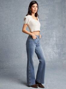 WESTFADE High Rise Western Fitted Flare Split Button Hem Denim Jeans