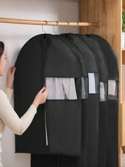 5 piezas/1 pieza Funda protectora de ropa negra impermeable, bolsa de almacenamiento de ropa, tallas múltiples 80cm/100cm/120cm/140cm, Cubierta protectora de trajes, Funda protectora de ropa de armario, Bolsa protectora para vestido de novia, Suministros para volver a la escuela