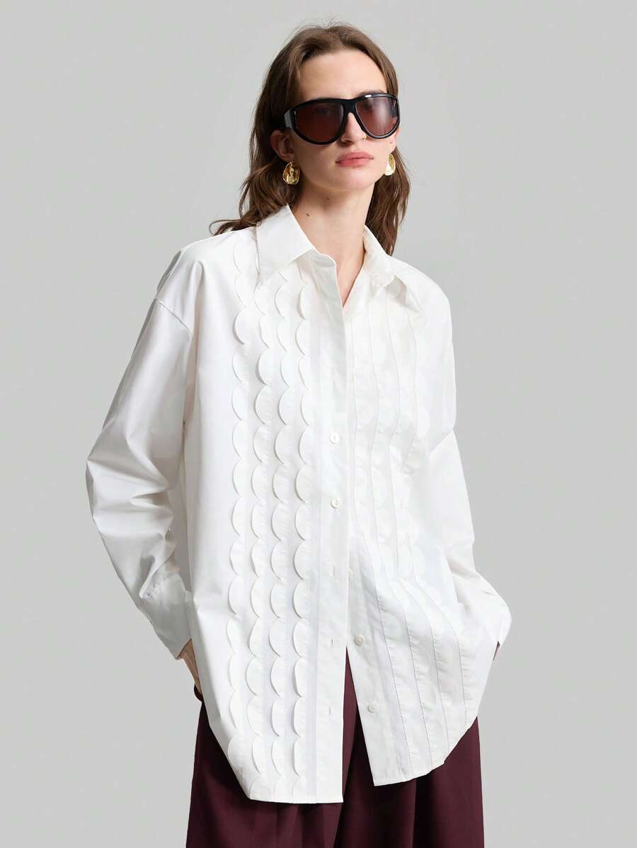Ontre 2025新款女士波浪荷叶边下摆宽松优雅长袖衬衫，春季百搭优雅日常穿着，圣诞节、秋冬新年皆宜 - 白色 - 查看 1