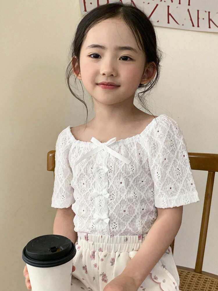 Young Girl Bow Decor Short Sleeve Casual T-Shirt, Summer