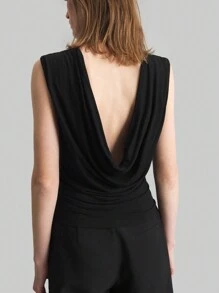 Ontre 女士黑色优雅简约复古硬币图案露背垂领吊带背心上衣，适合办公室穿着