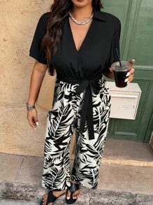 Breezaya Plus Size Plant Print Patchwork Jumpsuit, Casual & Vacation Wear - Multicolor - View 4