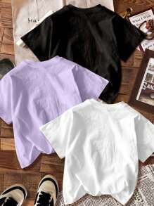 SHEIN Leap Crew Áo phông in họa tiết hoạt hình tối giản thường ngày cho bé gái tuổi teen, nhiều mẫu, phù hợp cho mùa hè - Nhiều màu - Xem 2