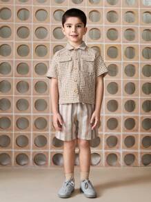 Young Boys Apricot Striped Woven Fabric Elastic Waist Curved Pocket Loose Shorts, Casual Holiday Style - Apricot - View 3